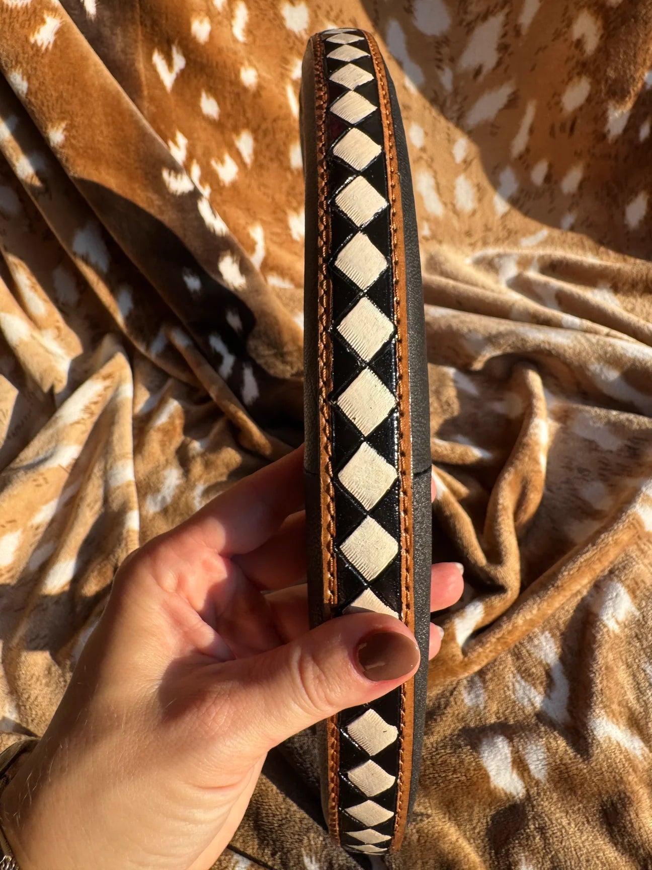 15” Brown and White Checker Tooled Leather Steering Wheel Cover - CountryFide Custom Accessories and Outdoors
