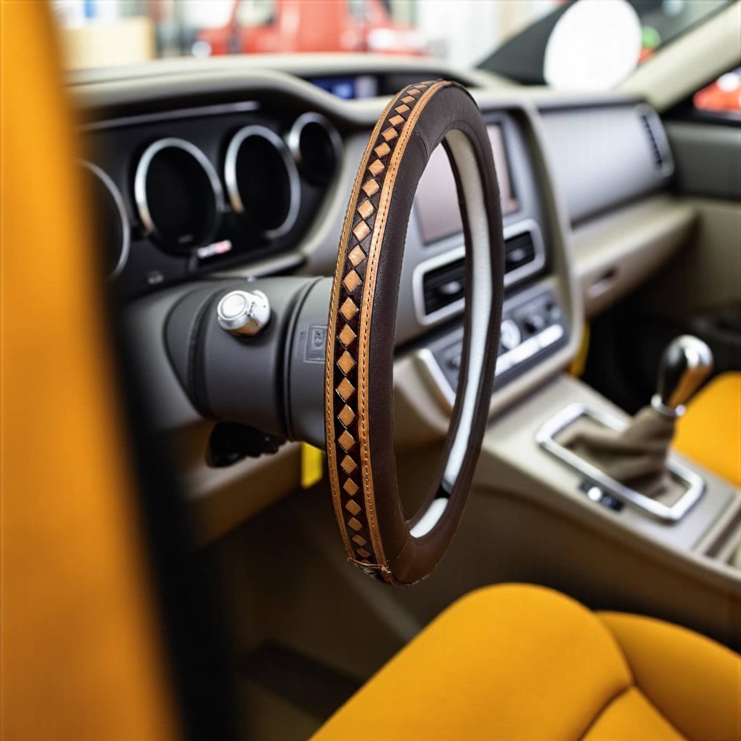 15” Brown Checker Tooled Leather Steering Wheel Cover - CountryFide Custom Accessories and Outdoors
