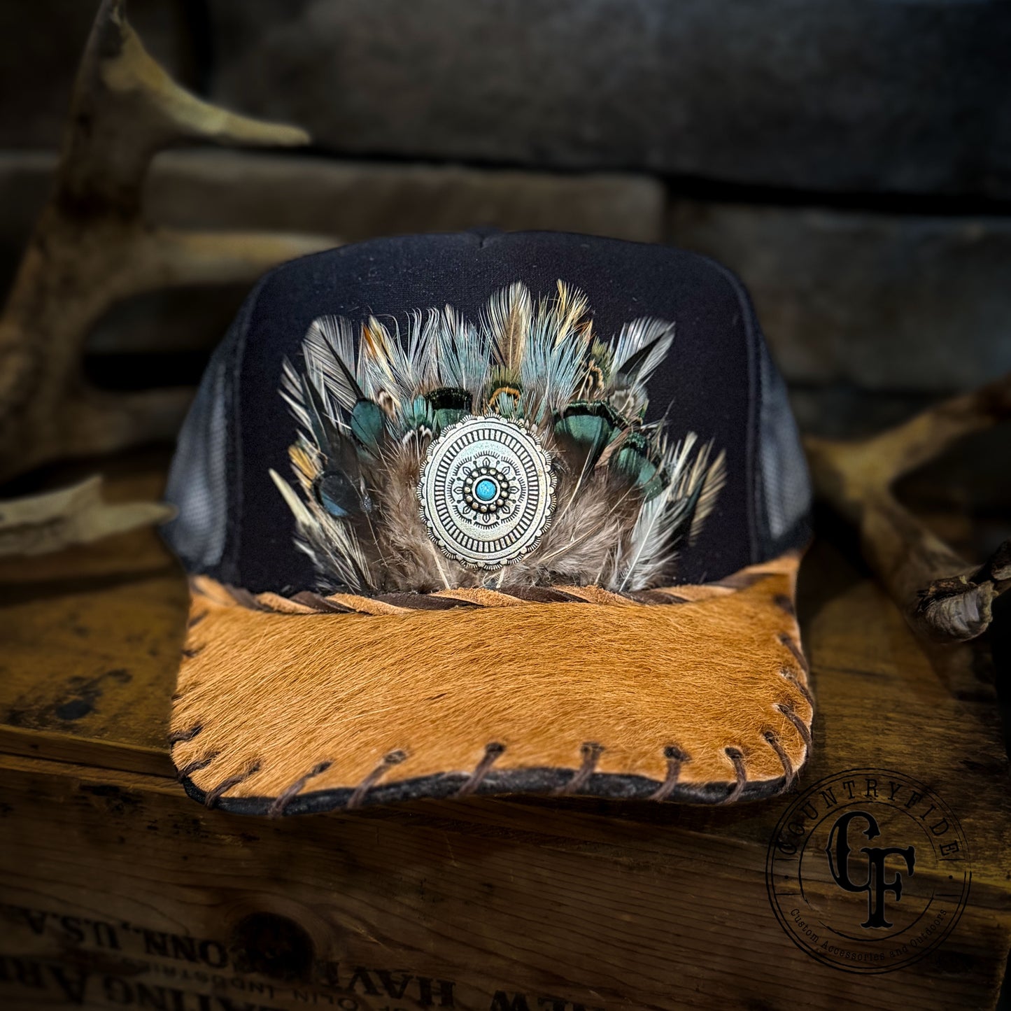 CUSTOM FEATHERED CONCHO TRUCKER CAP
