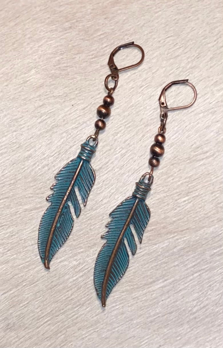ANTIQUE TEAL FEATHER EARRINGS - CountryFide Custom Accessories and Outdoors