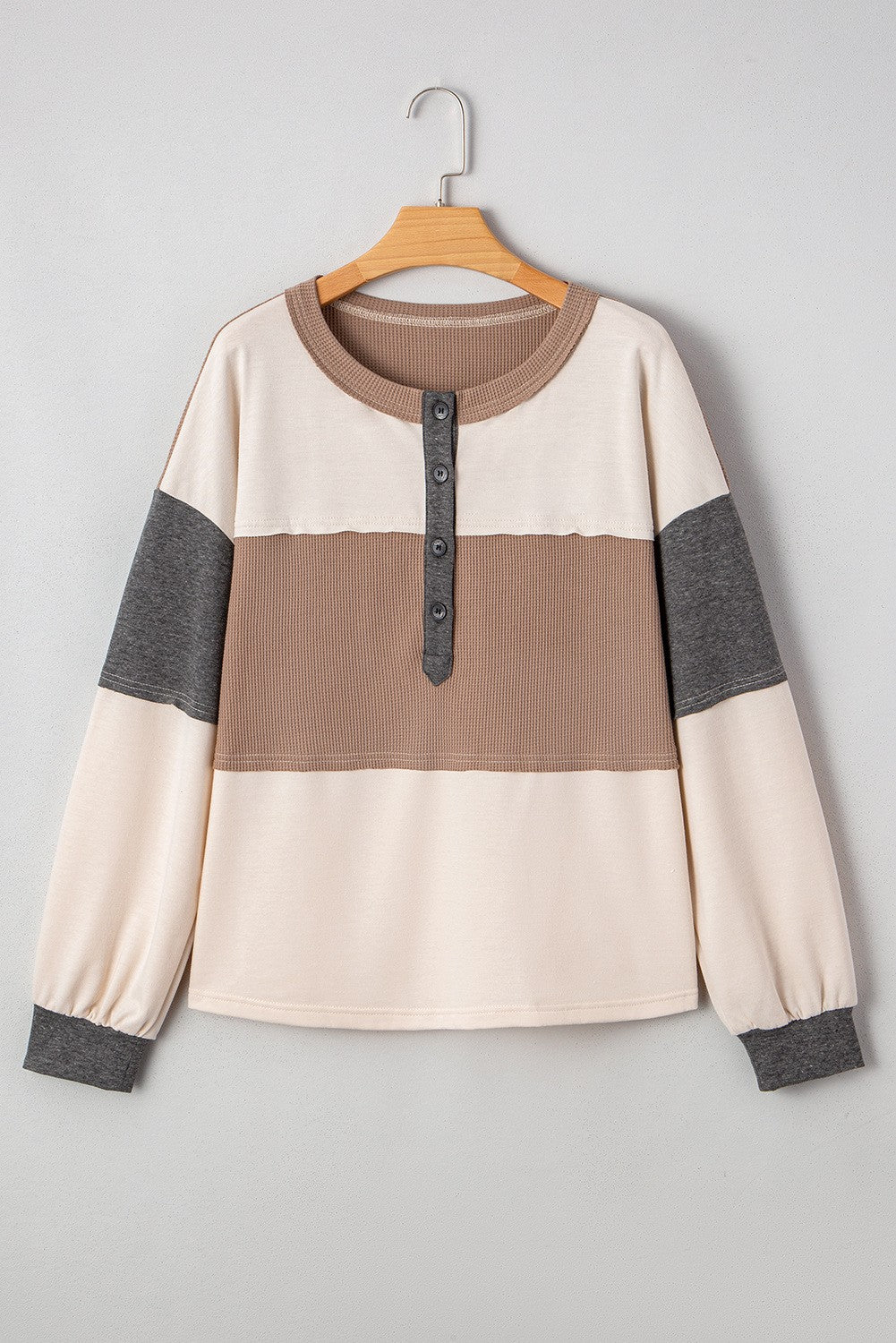 Color Block Waffled Patchwork Loose Henley Top - CountryFide Custom Accessories and Outdoors
