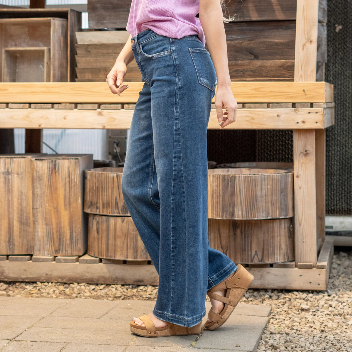 VERVET OUTDONE TUMMY CONTROL HIGH RISE WIDE LEG JEANS DARK BLUE WASH