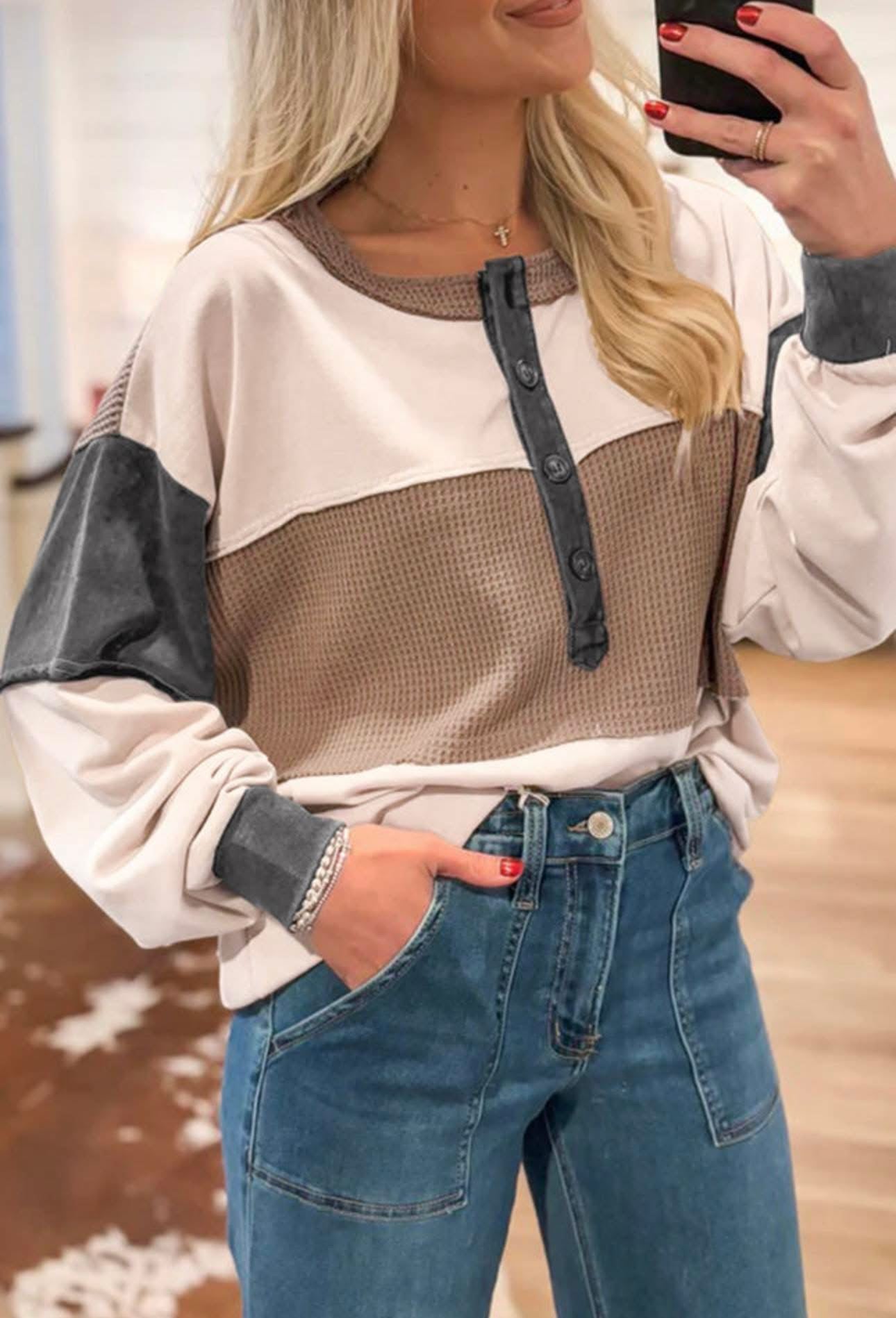 Color Block Waffled Patchwork Loose Henley Top - CountryFide Custom Accessories and Outdoors