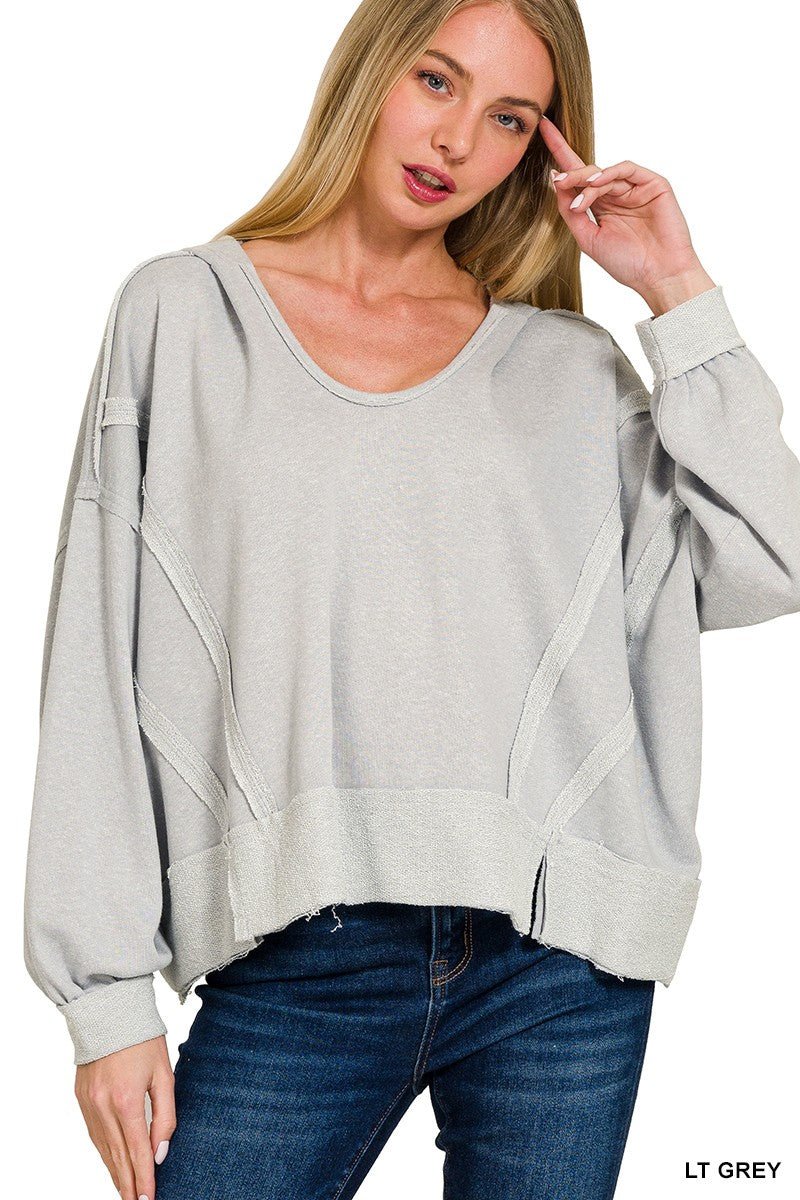Contrast Trim Top - stitching Slit Raw Hem Hoodie - CountryFide Custom Accessories and Outdoors