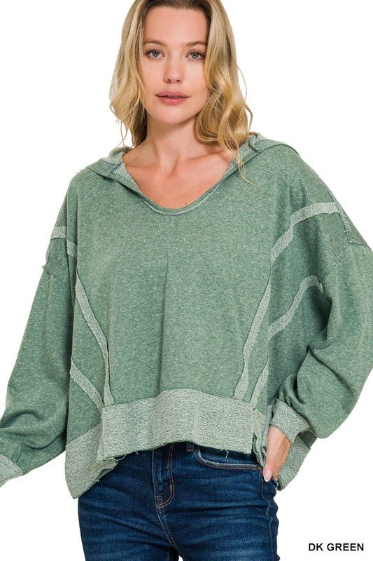 Contrast Trim Top - Stitching Slit Raw Hem Hoodie - Green - CountryFide Custom Accessories and Outdoors