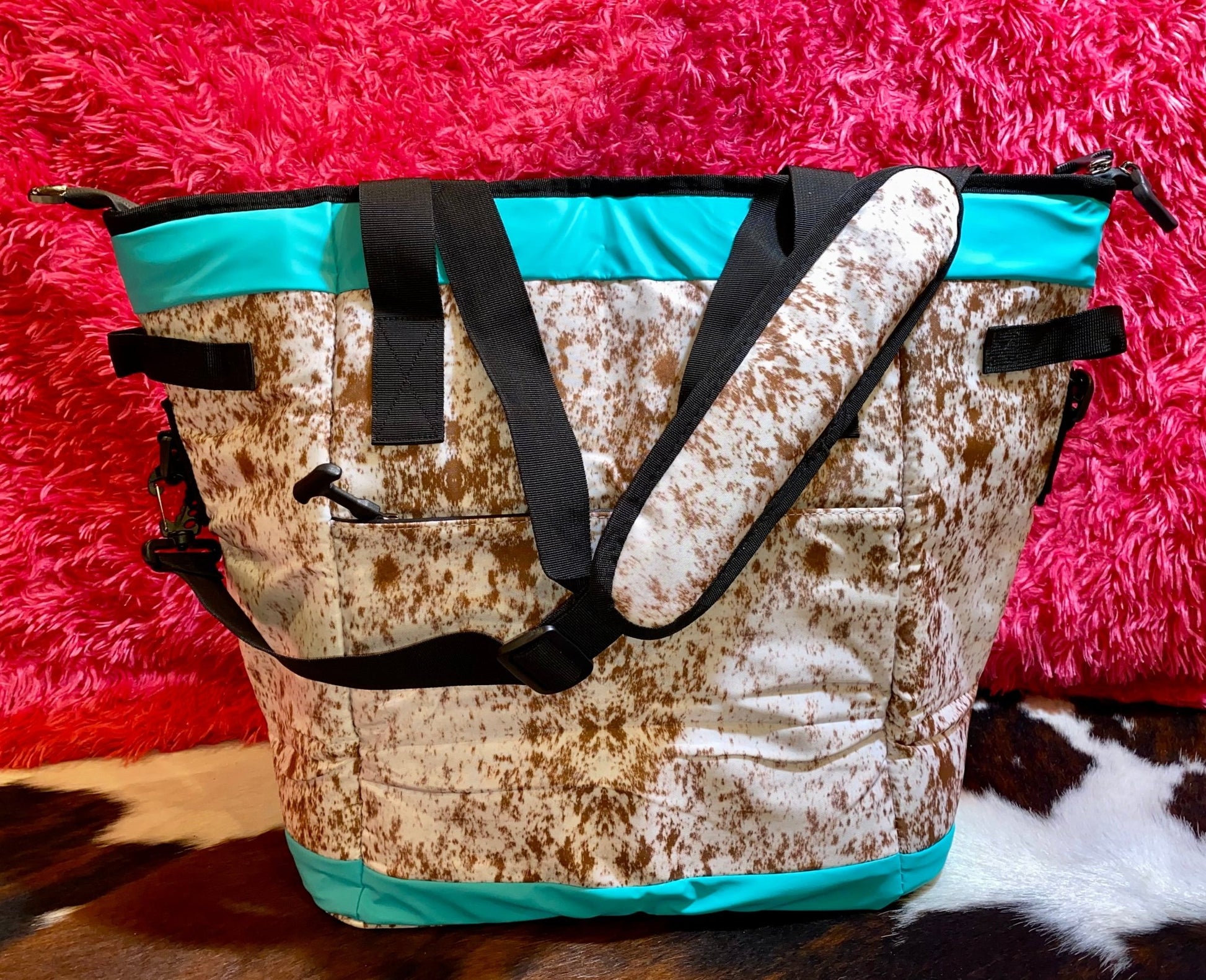 COW PRINT WITH TEAL TRIM COOLERS - CountryFide Custom Accessories and Outdoors
