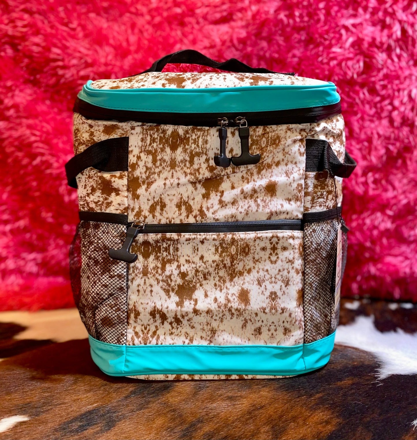 COW PRINT WITH TEAL TRIM COOLERS - CountryFide Custom Accessories and Outdoors