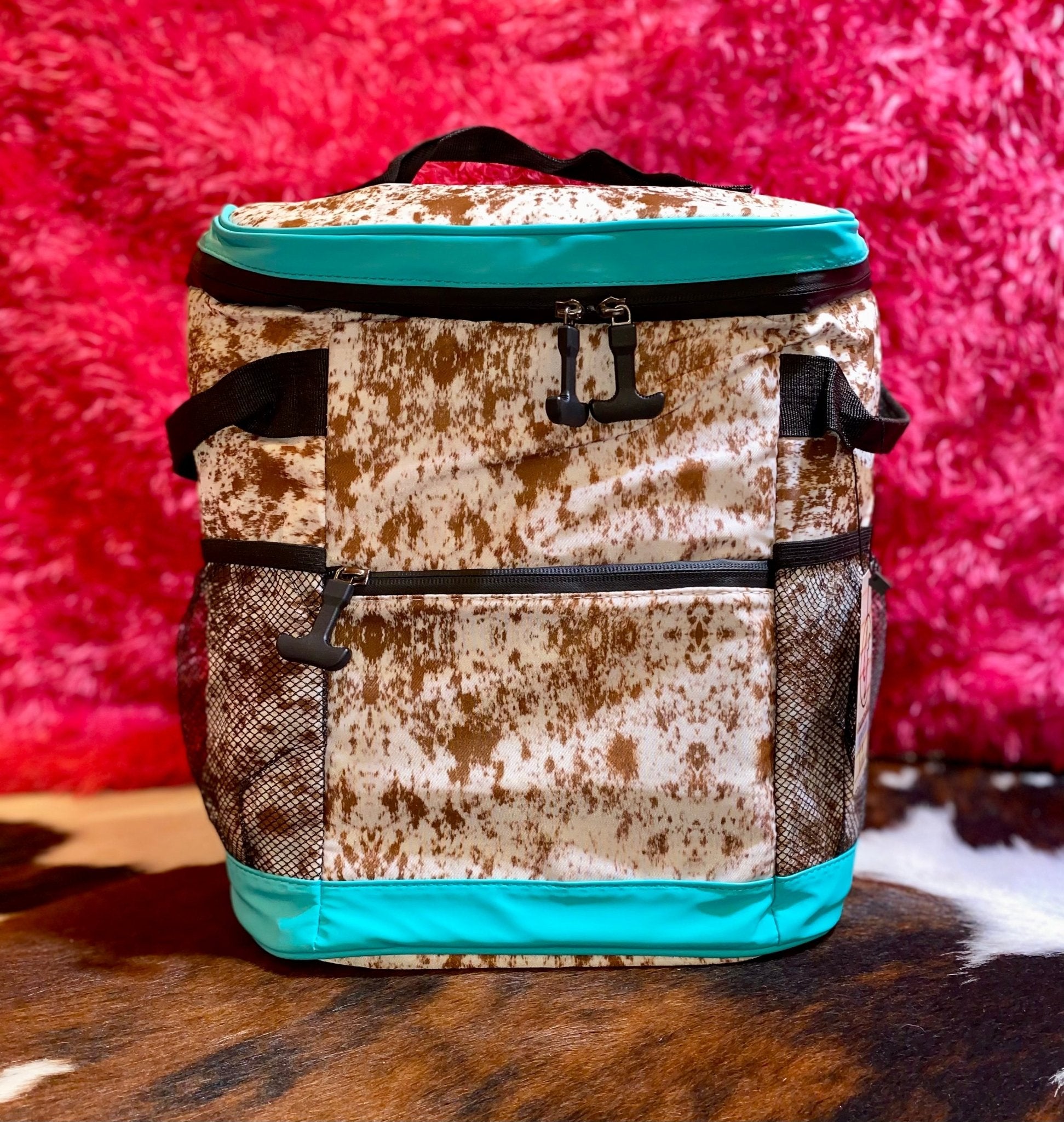 COW PRINT WITH TEAL TRIM COOLERS - CountryFide Custom Accessories and Outdoors