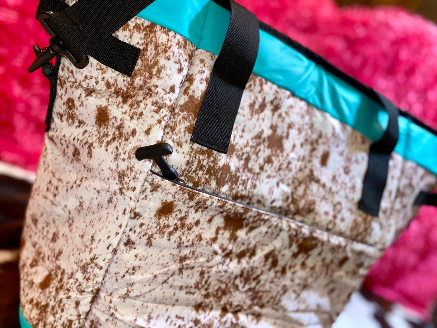 COW PRINT WITH TEAL TRIM COOLERS - CountryFide Custom Accessories and Outdoors