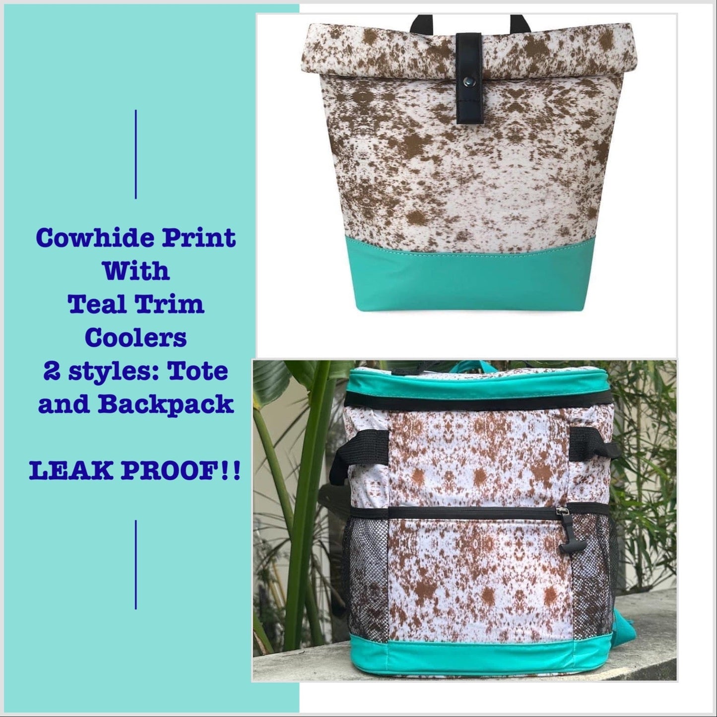 COW PRINT WITH TEAL TRIM COOLERS - CountryFide Custom Accessories and Outdoors
