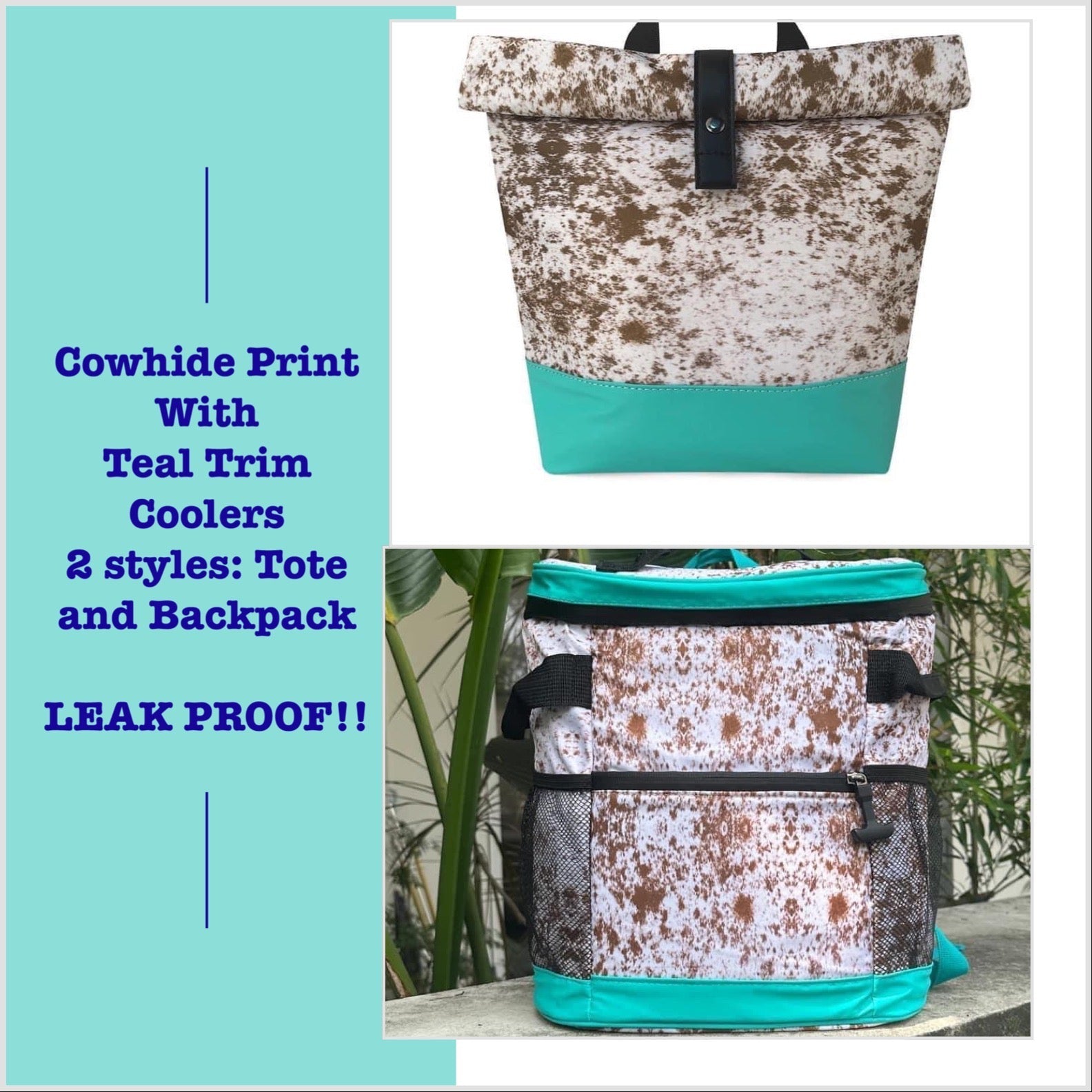COW PRINT WITH TEAL TRIM COOLERS - CountryFide Custom Accessories and Outdoors