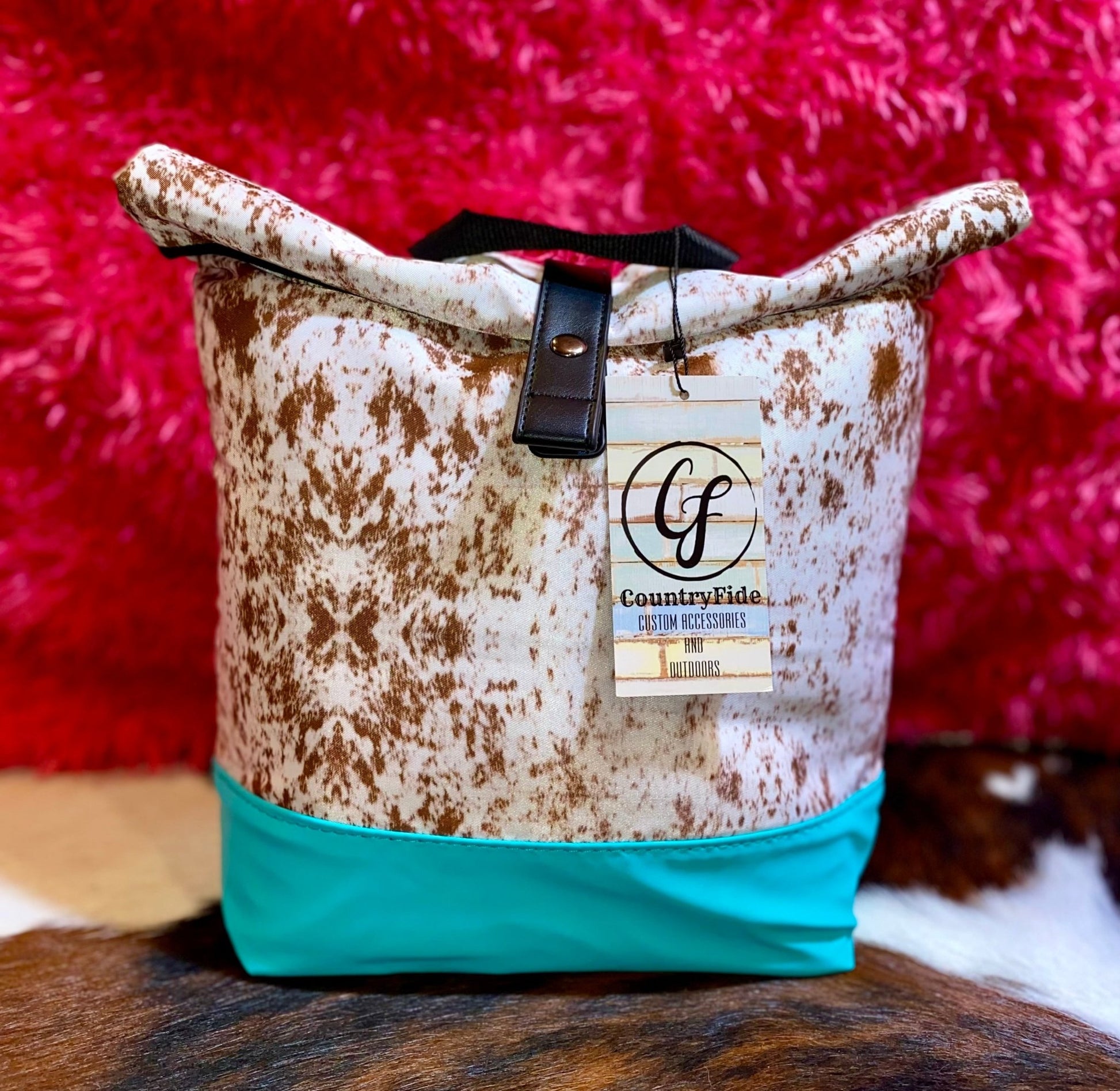 COW PRINT WITH TEAL TRIM COOLERS - CountryFide Custom Accessories and Outdoors