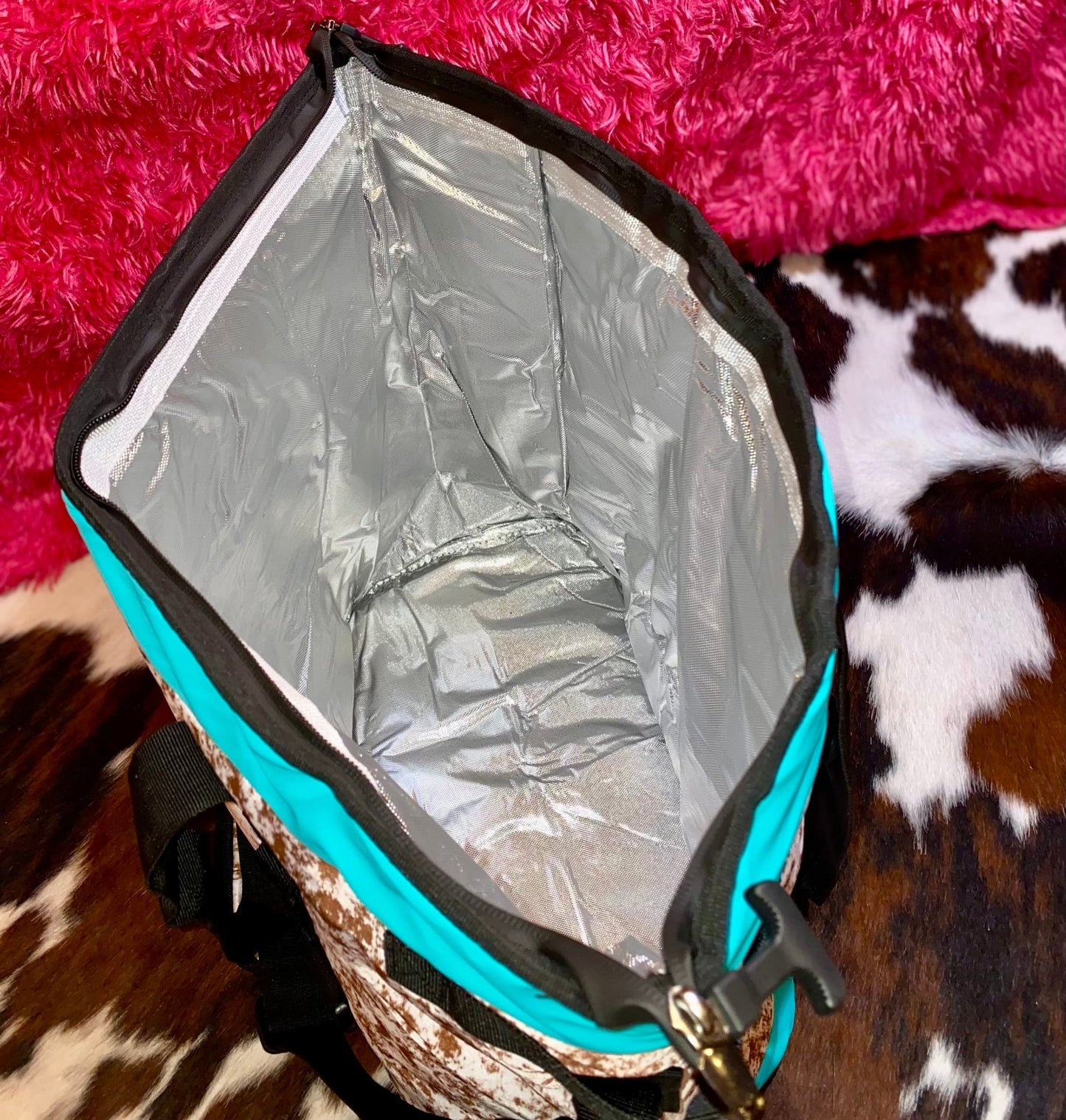 COW PRINT WITH TEAL TRIM COOLERS - CountryFide Custom Accessories and Outdoors
