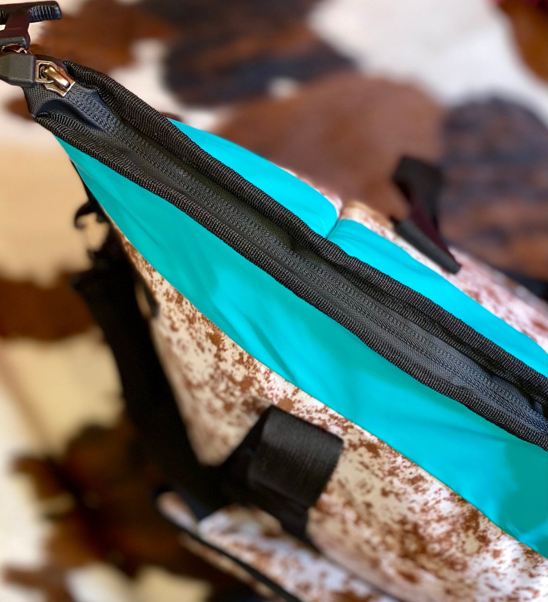 COW PRINT WITH TEAL TRIM COOLERS - CountryFide Custom Accessories and Outdoors