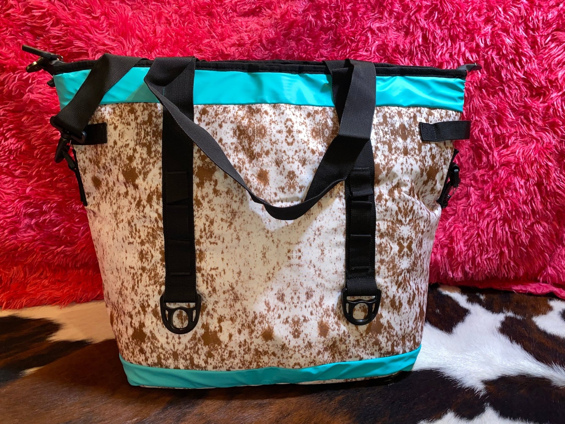 COW PRINT WITH TEAL TRIM COOLERS - CountryFide Custom Accessories and Outdoors