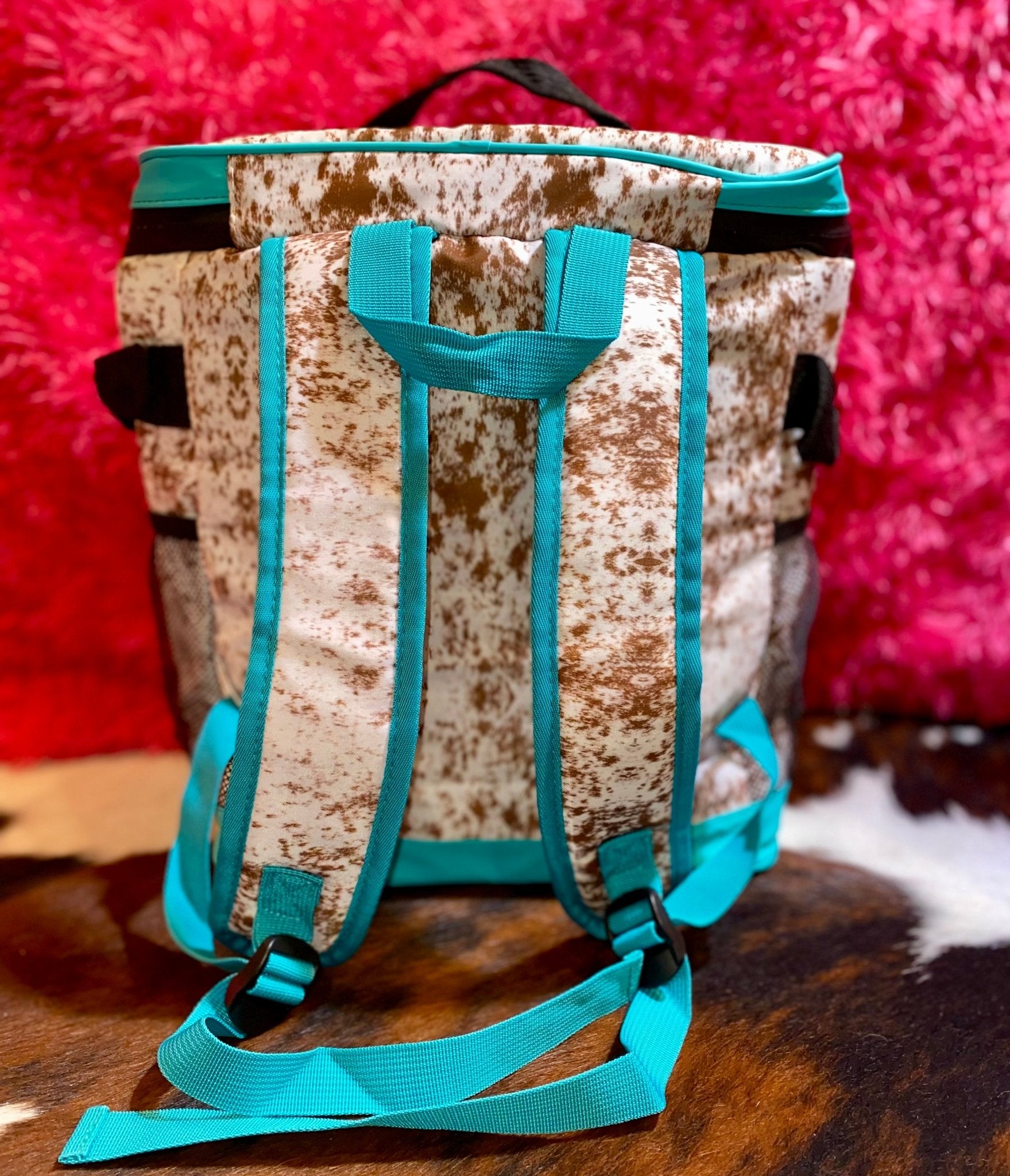 COW PRINT WITH TEAL TRIM COOLERS - CountryFide Custom Accessories and Outdoors