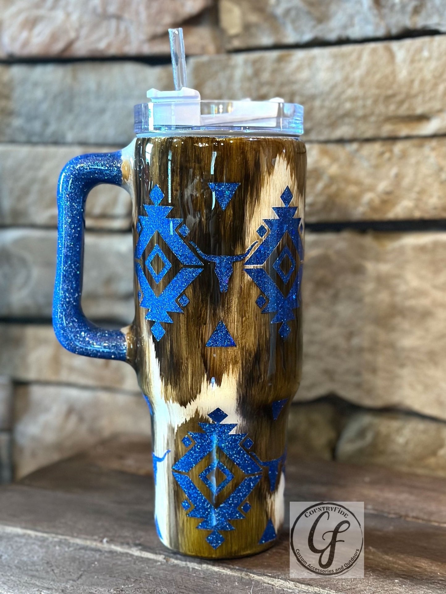 COWHIDE AZTEC BLUE GLITTER 40oz TUMBLER - CountryFide Custom Accessories and Outdoors