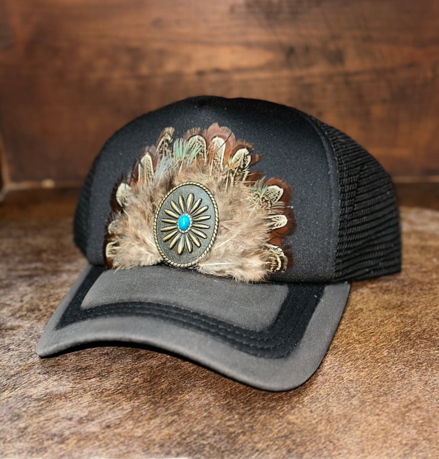 FEATHERED CONCHO TRUCKER CAP - CountryFide Custom Accessories and Outdoors