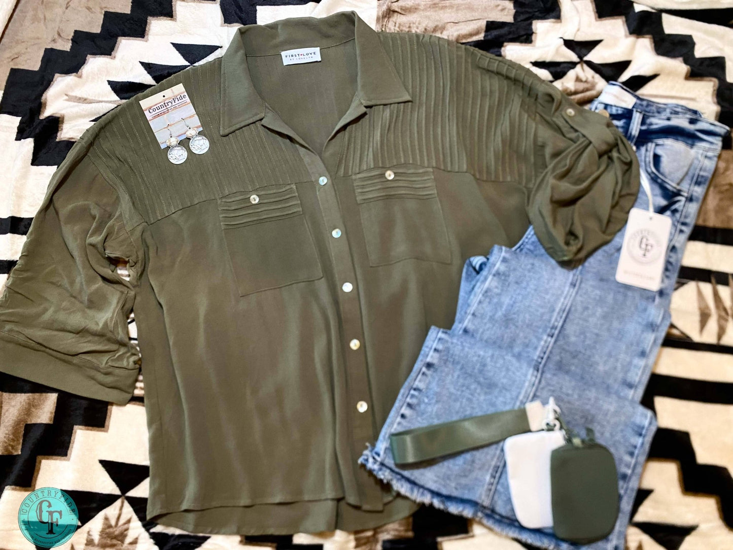 FIRST LOVE GREEN BUTTON UP - CountryFide Custom Accessories and Outdoors