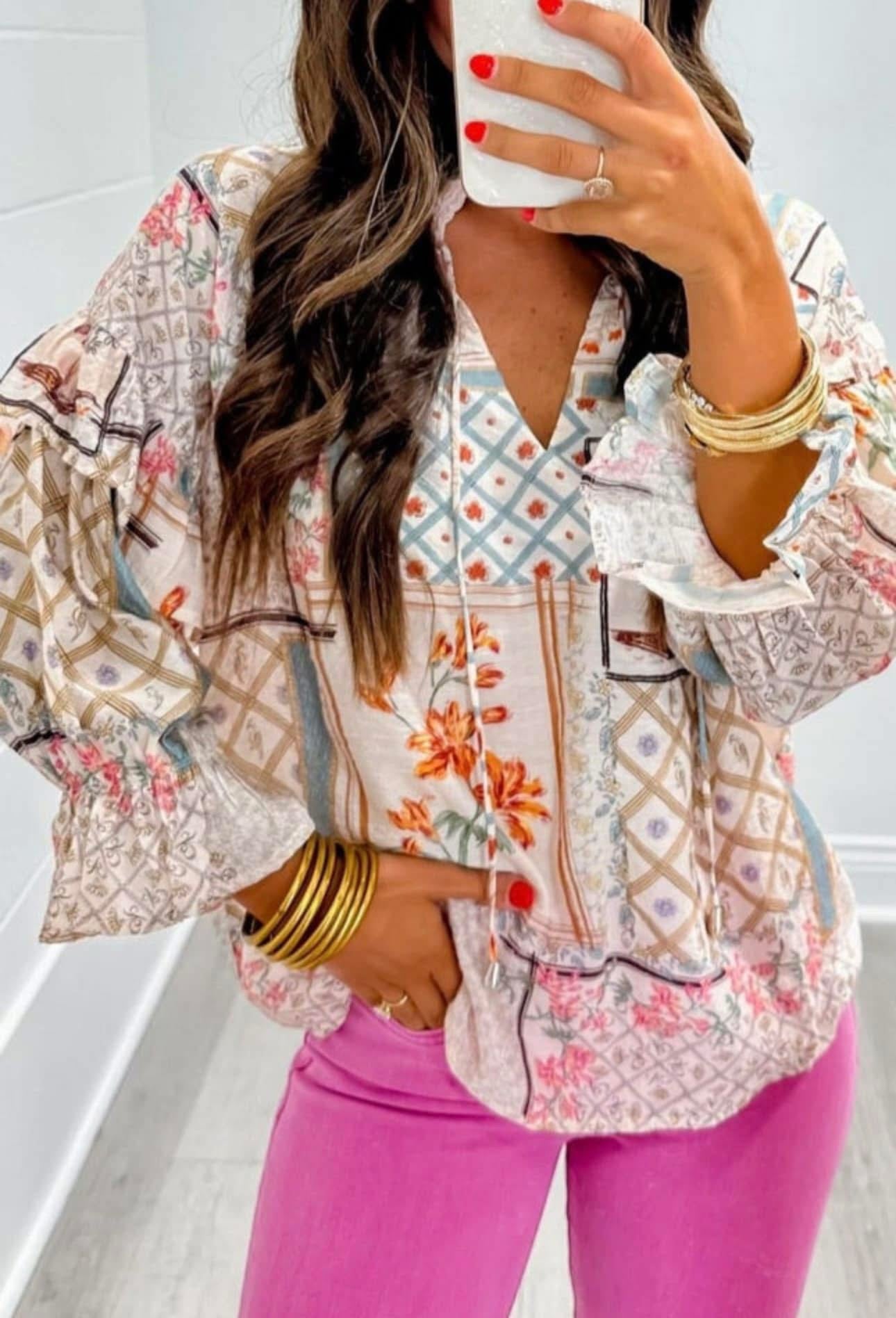 Floral Ruffle Sleeve Tied Neck Blouse - CountryFide Custom Accessories and Outdoors