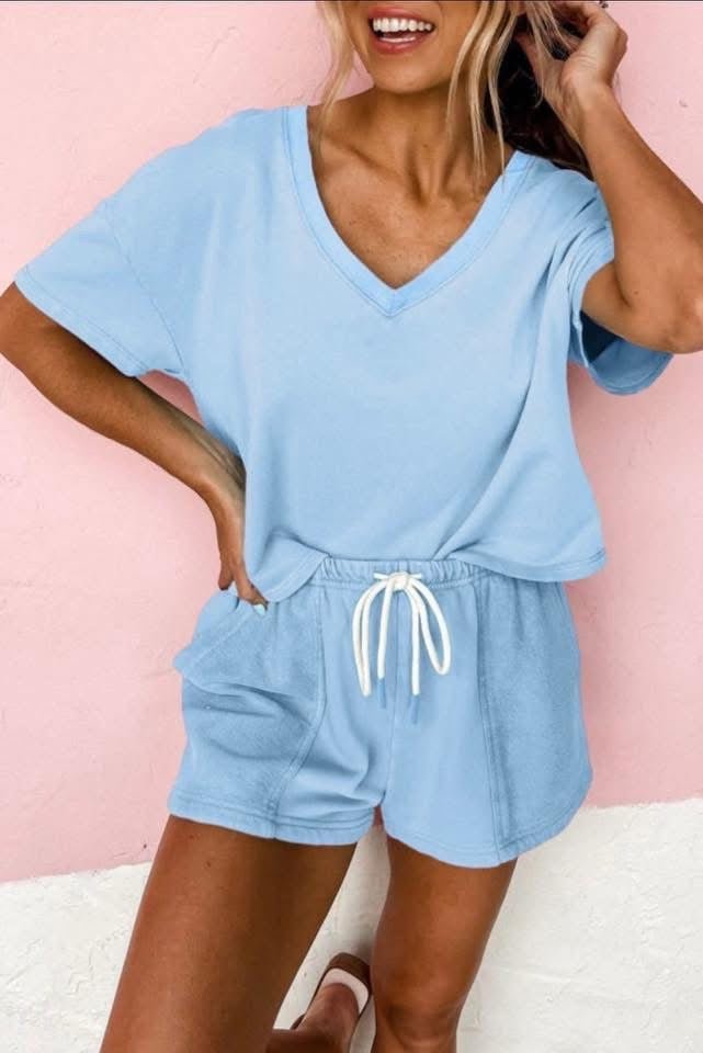 SOLID TEE AND PATCHWORK SHORTS SET - BLUE - CountryFide Custom Accessories and Outdoors