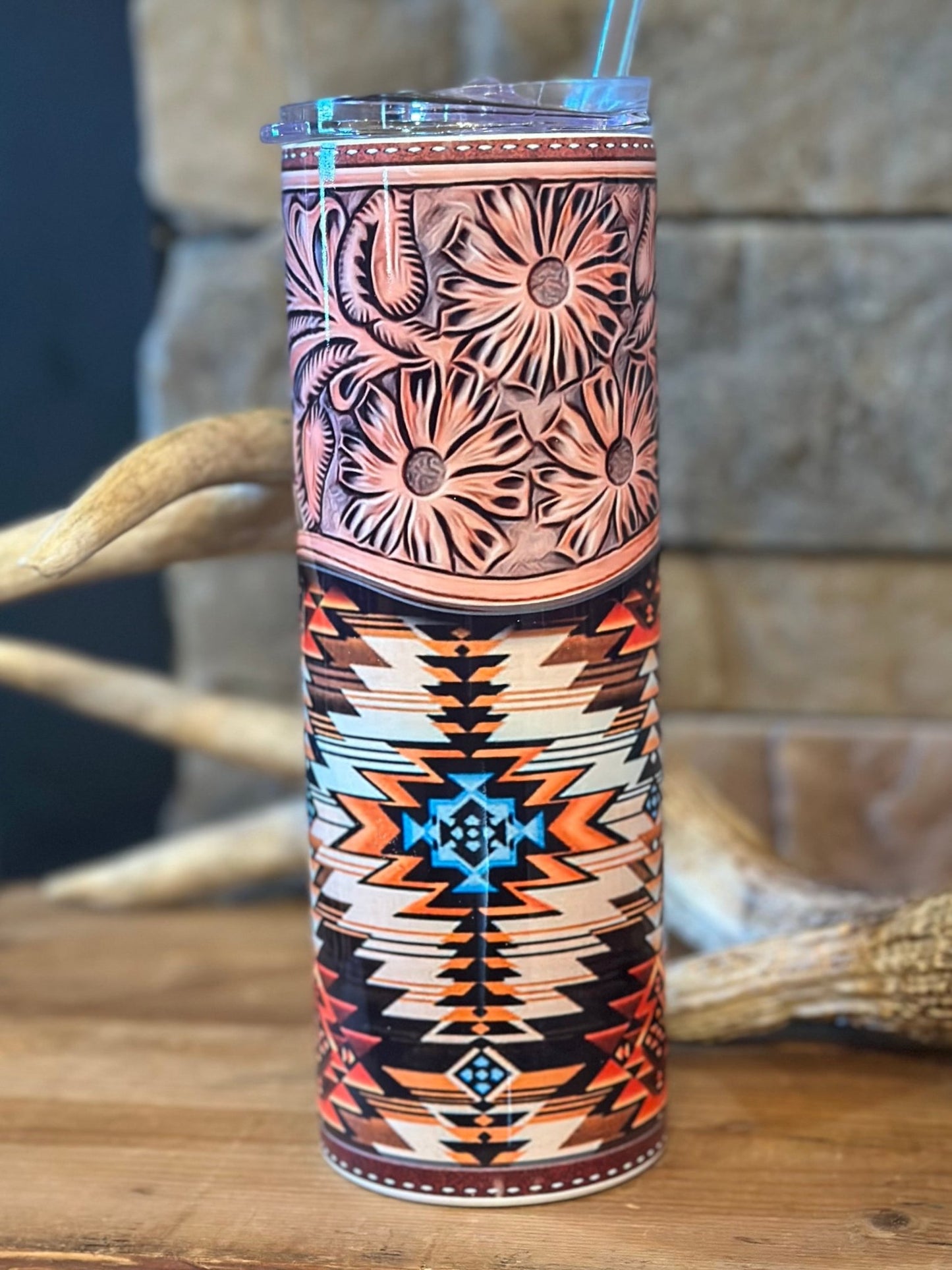 Tooled Leather Aztec Tumbler 20 oz - CountryFide Custom Accessories and Outdoors