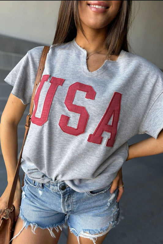 USA Lettering Patch Notched Neck Loose Tee - CountryFide Custom Accessories and Outdoors