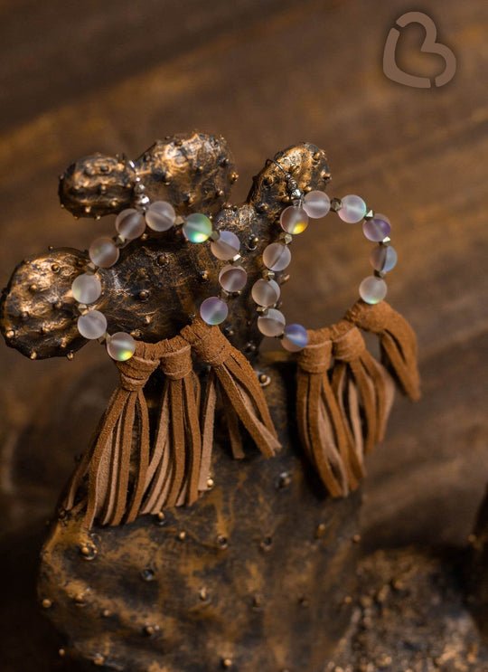 Willa Leather Tassel Earrings with Iridescent Beads and Light Brown Tassels - CountryFide Custom Accessories and Outdoors