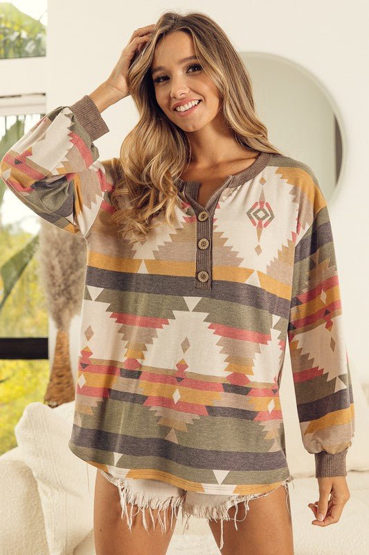 AZTEC PRINTED FRENCH TERRY KNIT BUTTONED HENLEY TOP by Bibi - CountryFide Custom Accessories and Outdoors