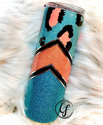 Coral Leopard and Teal V Tumbler - CountryFide Custom Accessories and Outdoors