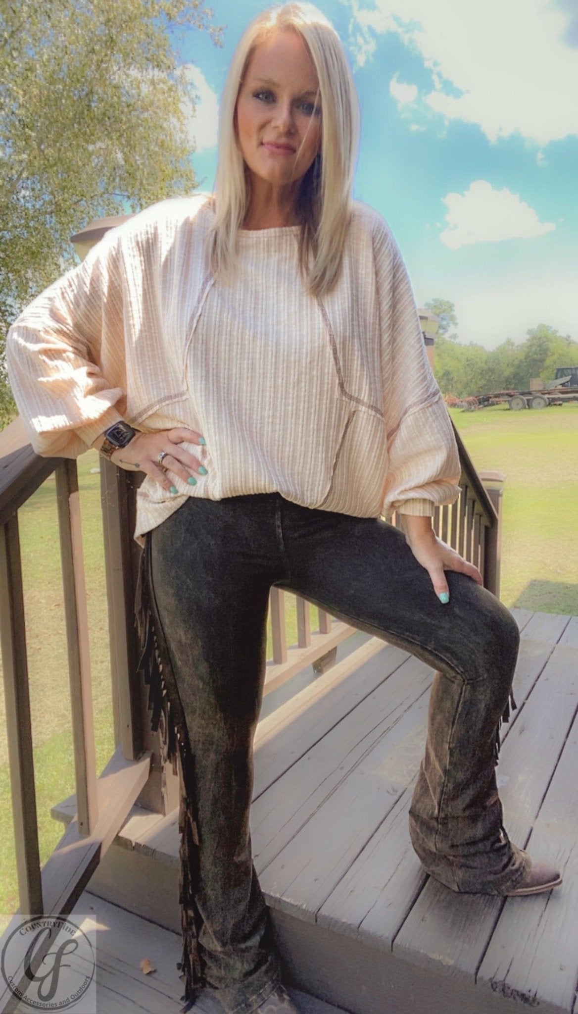 CREAM AND TAN STITCH WAFFLE TOP - CountryFide Custom Accessories and Outdoors
