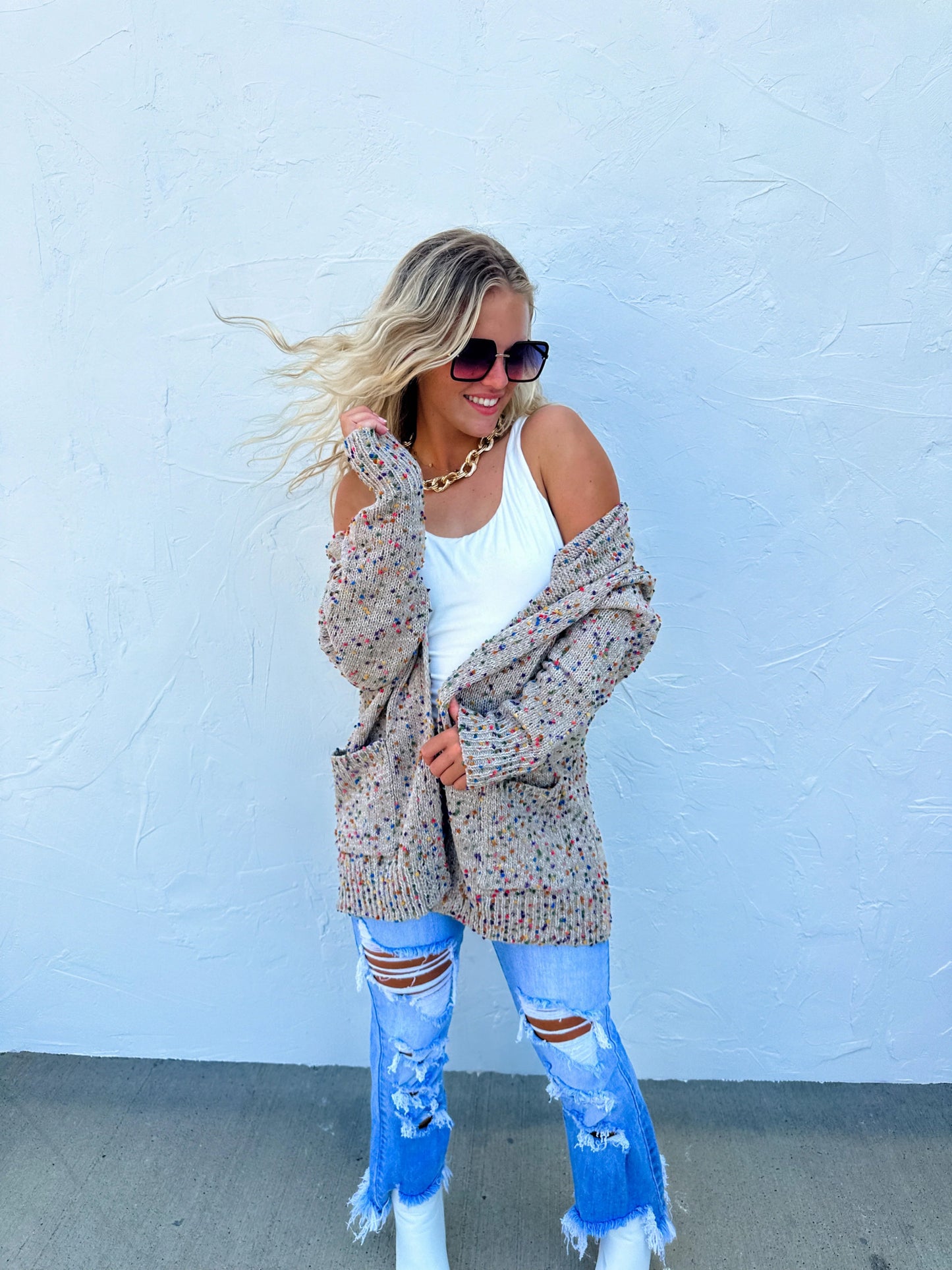TAN MILEY DOT CARDIGAN - CountryFide Custom Accessories and Outdoors