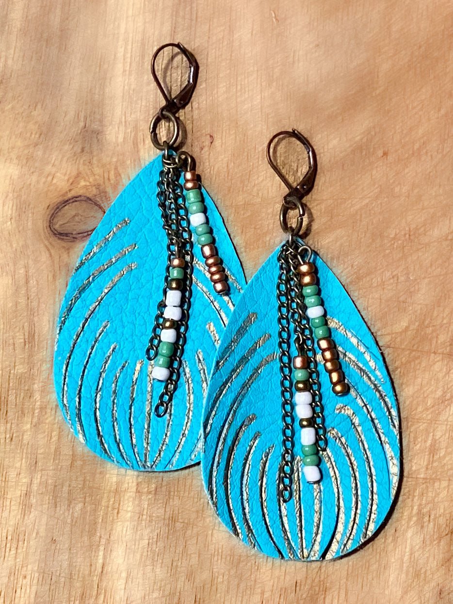 TEAL LEATHER FEATHER EARRINGS - CountryFide Custom Accessories and Outdoors