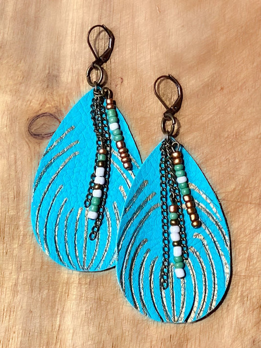 TEAL LEATHER FEATHER EARRINGS - CountryFide Custom Accessories and Outdoors