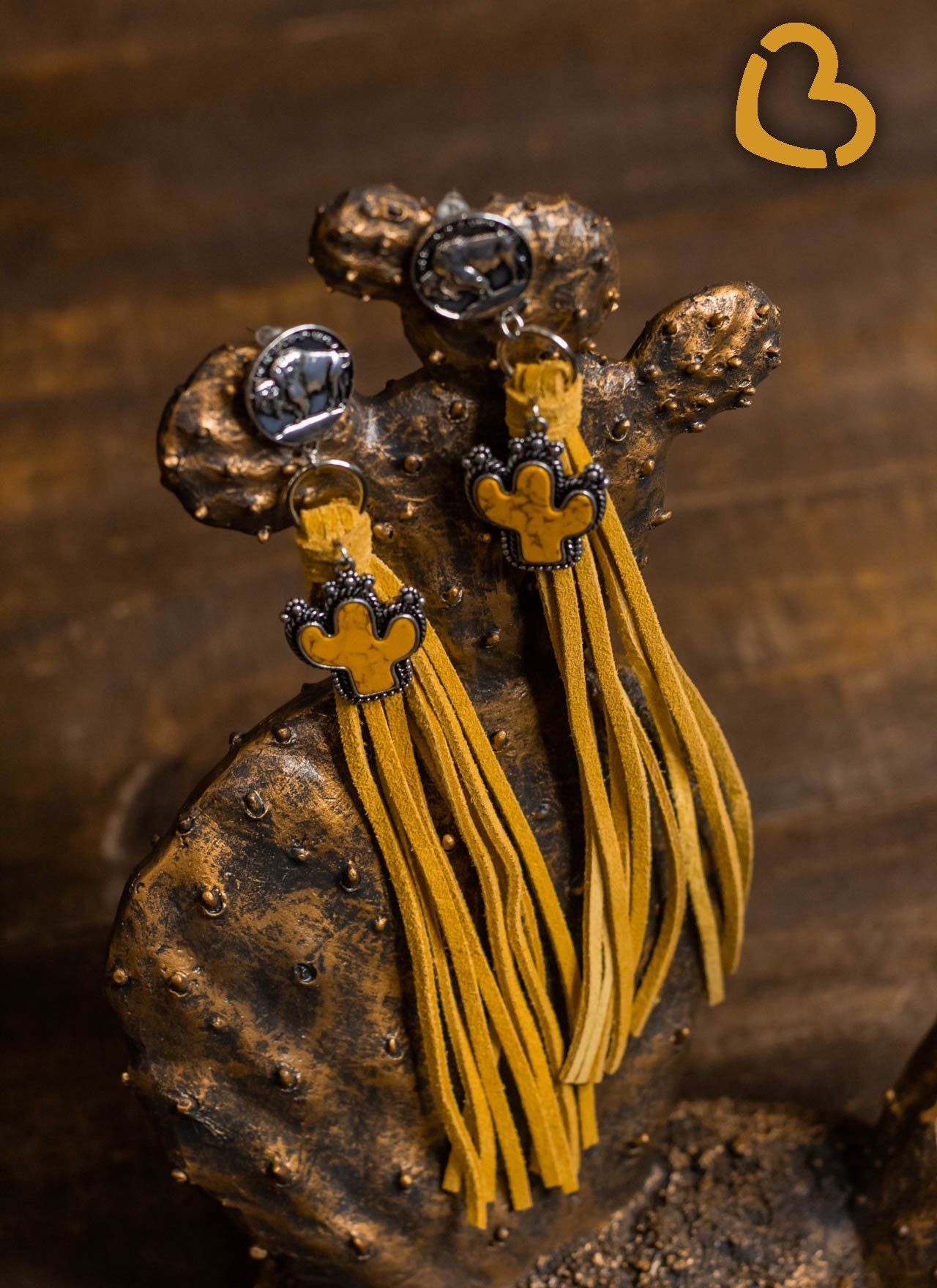 The Presley Leather and Buffalo Nickel Earrings with Mustard Stone Cactus and Mustard Tassels - CountryFide Custom Accessories and Outdoors