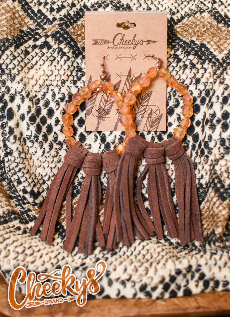 Willa Leather Tassel Earrings with Amber Beads and Brown Tassels - CountryFide Custom Accessories and Outdoors