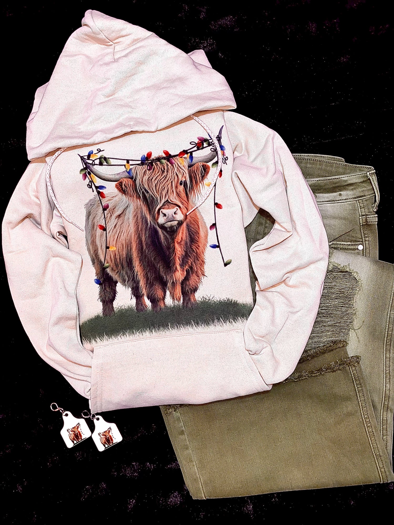 Highland cow Christmas hoodie tan