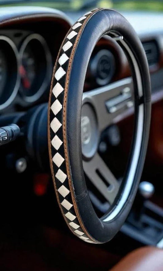 15” Brown and White Checker Tooled Leather Steering Wheel Cover - CountryFide Custom Accessories and Outdoors