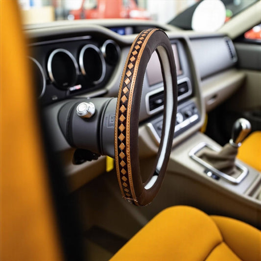 15” Brown Checker Tooled Leather Steering Wheel Cover  - CountryFide Custom Accessories and Outdoors