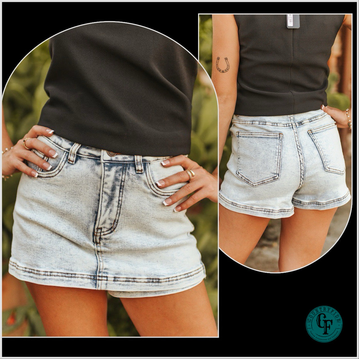 Light Acid Wash Denim Mini Skort With Western Stitch Hem