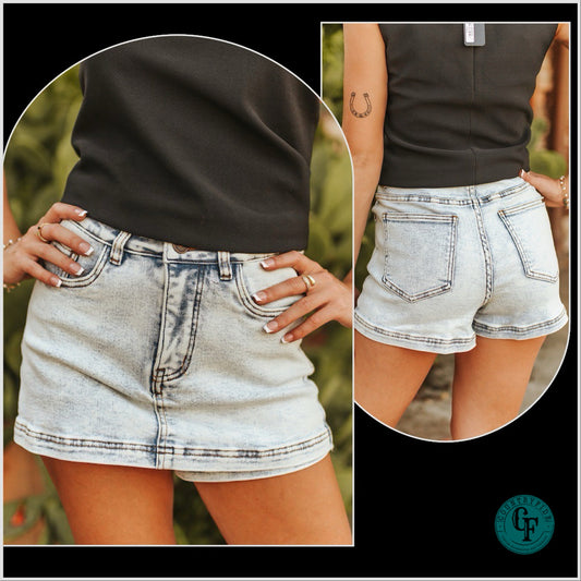 Light Acid Wash Denim Mini Skort With Western Stitch Hem