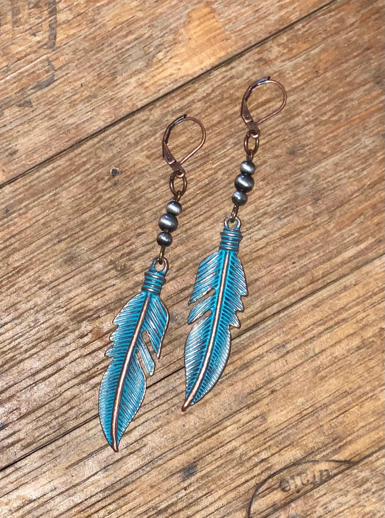 ANTIQUE TEAL FEATHER EARRINGS - CountryFide Custom Accessories and Outdoors