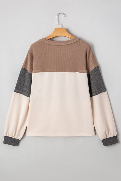 Color Block Waffled Patchwork Loose Henley Top - CountryFide Custom Accessories and Outdoors