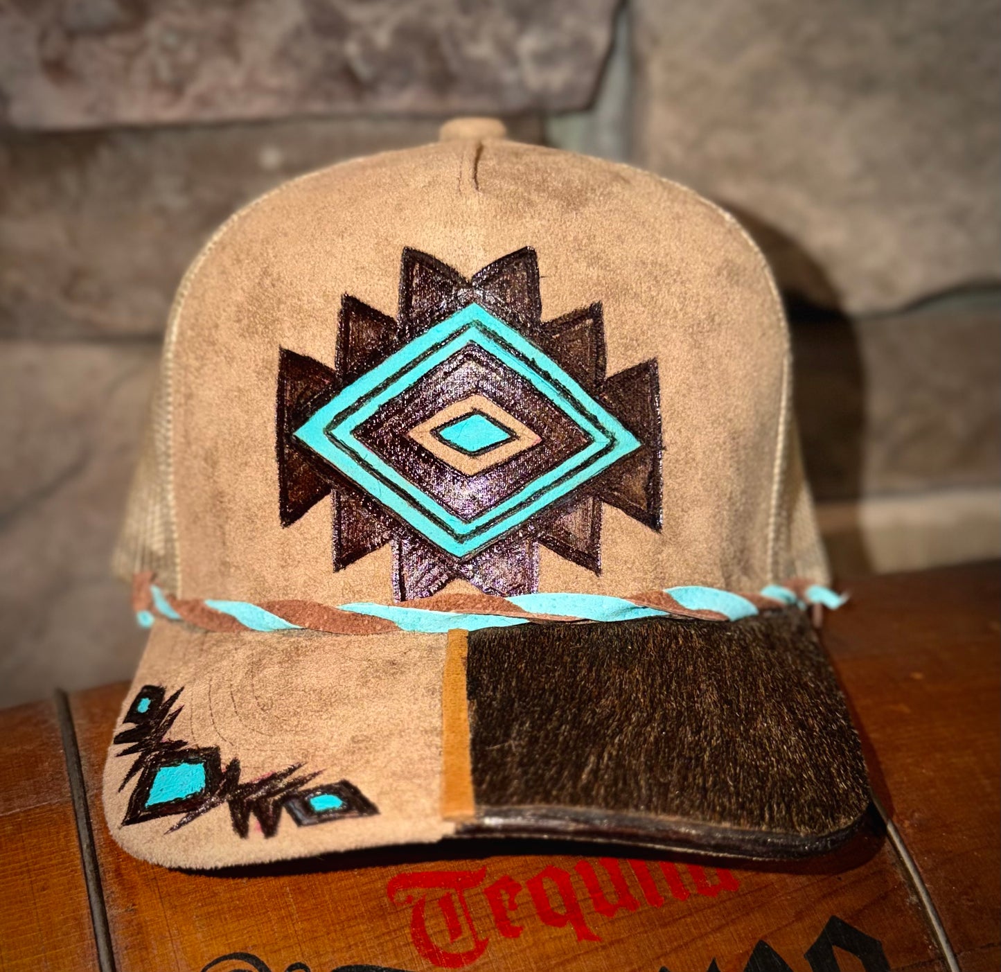 AZTEC AND TEAL HAND-BURN SUEDE CAP