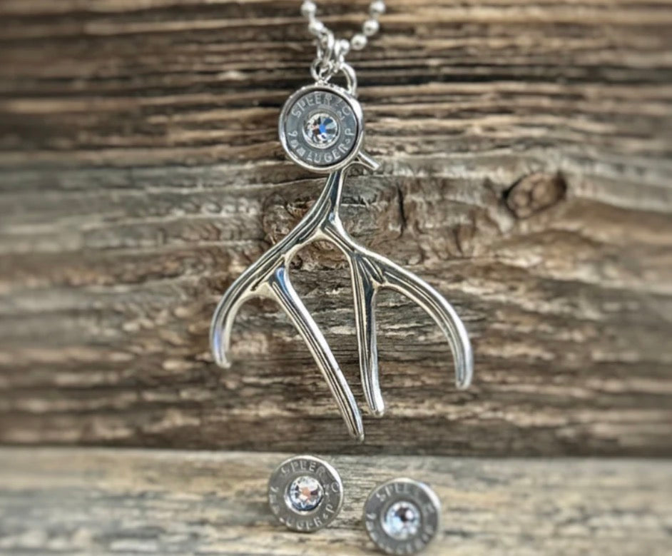 Silver Antler Necklace and Earrings Set