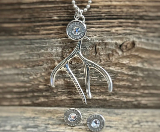 Silver Antler Necklace and Earrings Set