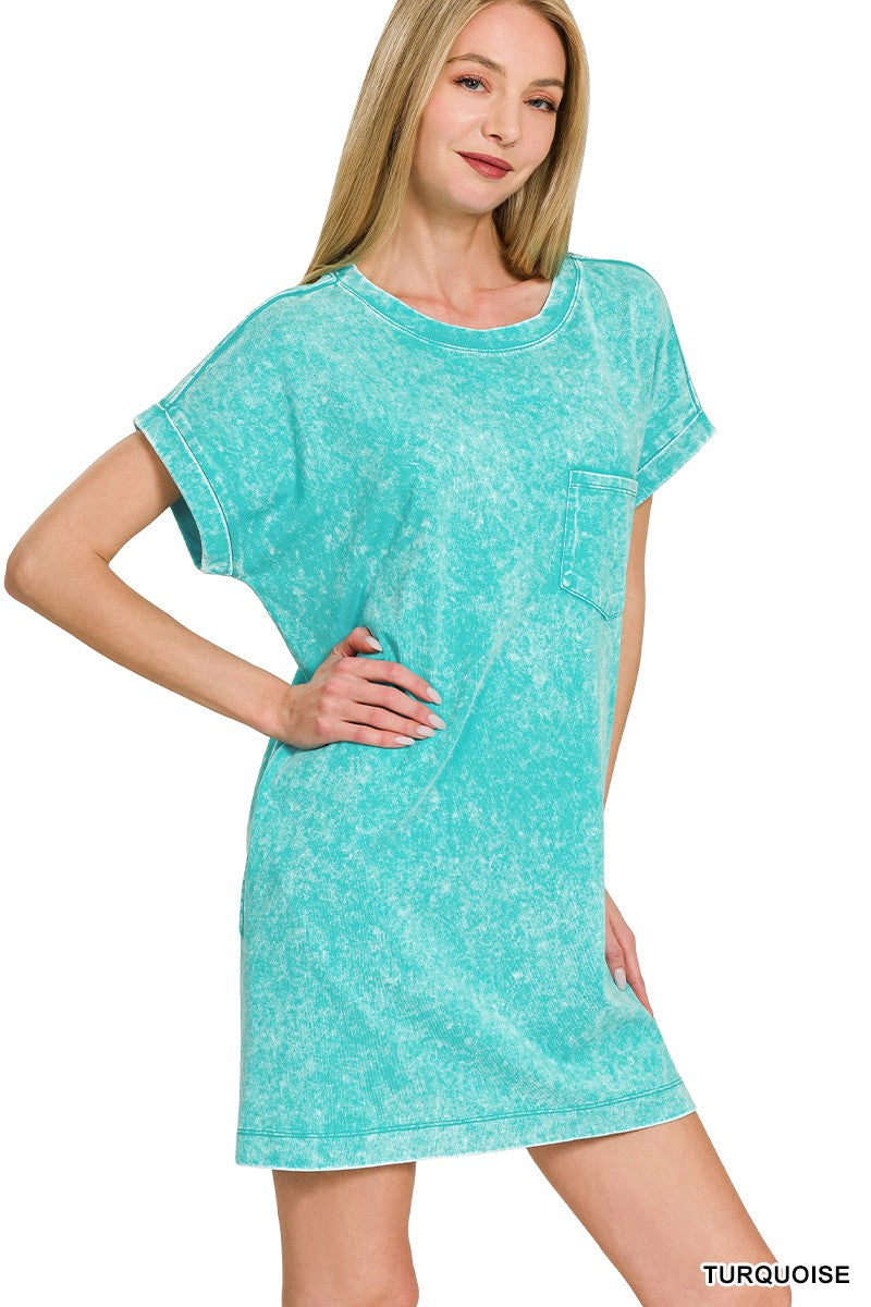 Premium Cotton Washed T-shirts Dress - Turquoise Zenana