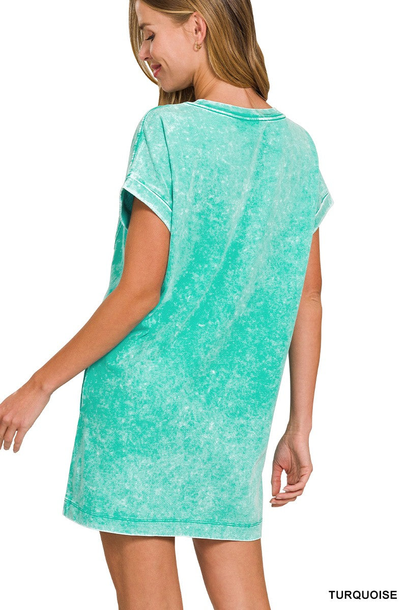 Premium Cotton Washed T-shirts Dress - Turquoise Zenana