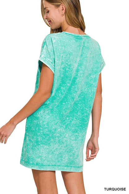 Premium Cotton Washed T-shirts Dress - Turquoise Zenana