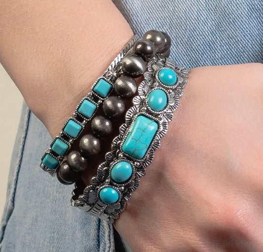 Squash Blossom Stacked Bracelets - Turquoise & Silver
